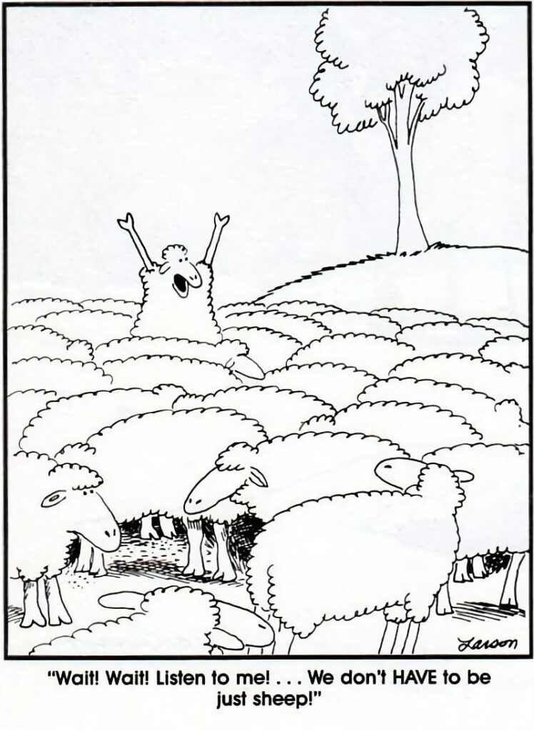 "Wait! Wait! Listen to mel ... We don't HAVE to be just sheep!" - The Far Side by Gary Larson